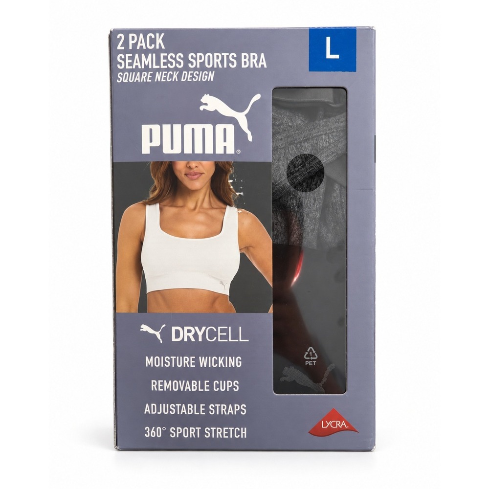 Puma Womens 2 Pack Seamless Sports Bra Square Neck DryCell Gray Large